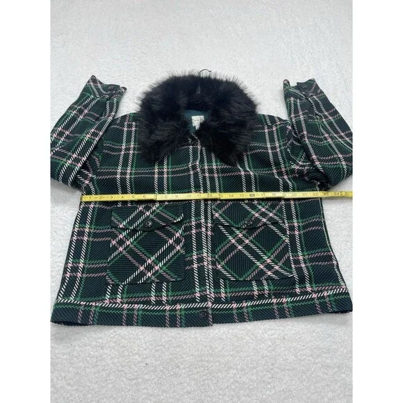 Anthropologie Maeve Collar Coat Women Green Plaid Crop Faux Fur Retro Large NWT
